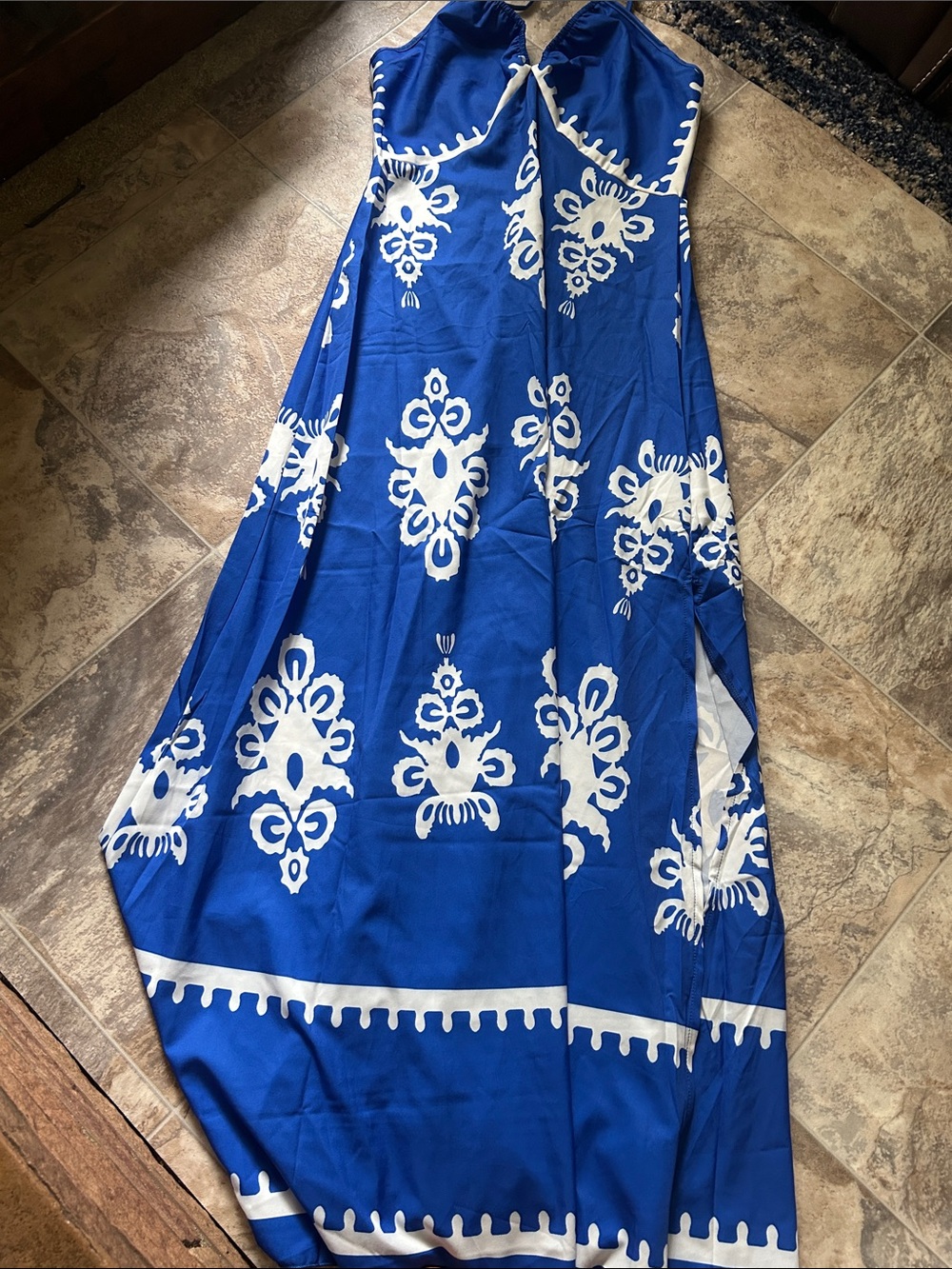 Blue and White Strapless Maxi Dress